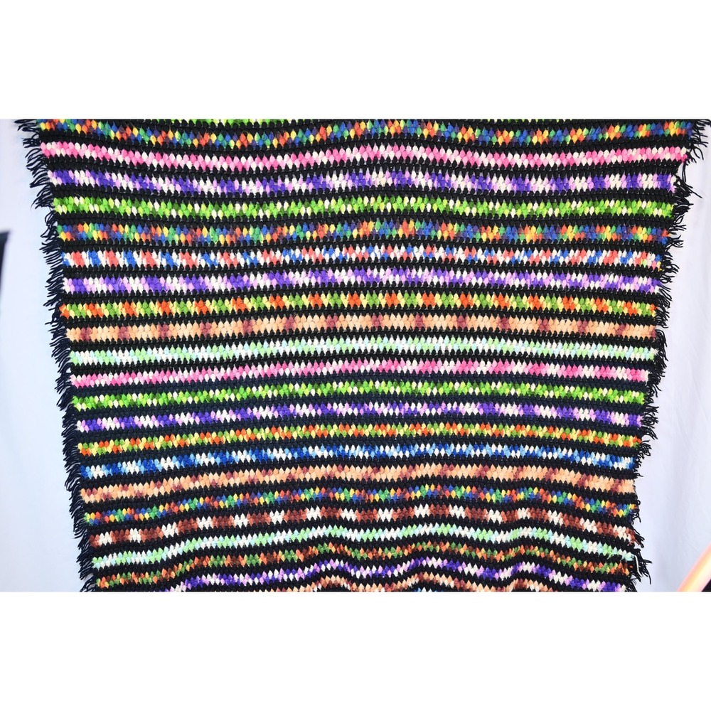 Vintage Handmade Crochet Afghan Blanket Multi Color Rainbow Stripe Fringe 55x57